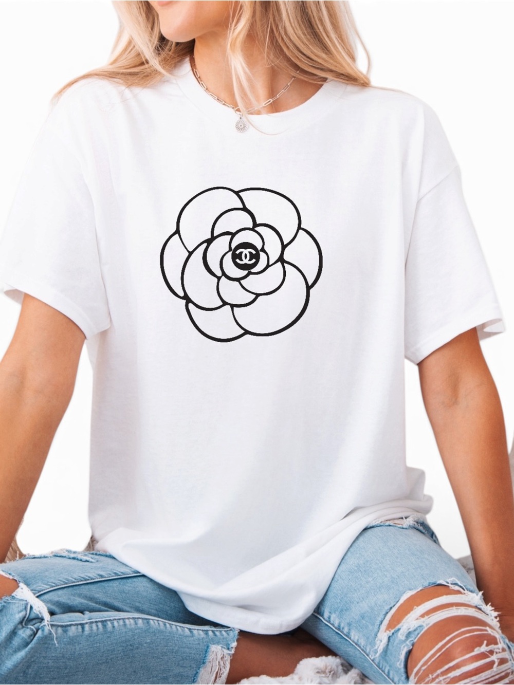 Casual Women’s Short Sleeve Luxury Logo Flower Floral Double C CC Print T Shirt - Picture 2 of 4